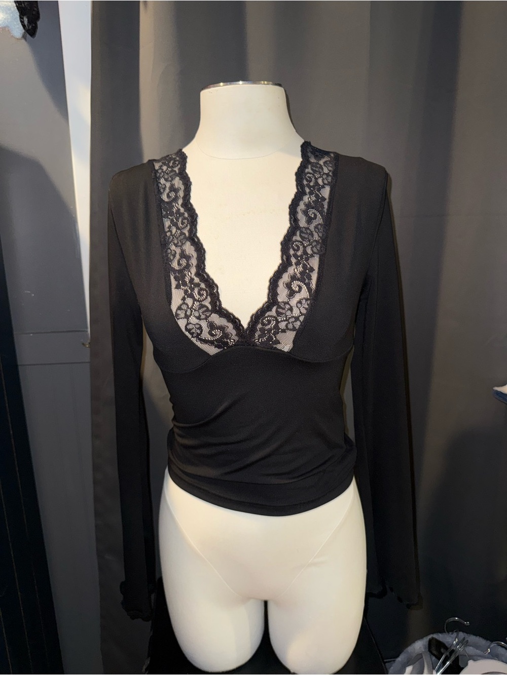 SHEIN Black Long-Sleeve Lace-Trim Deep V Top